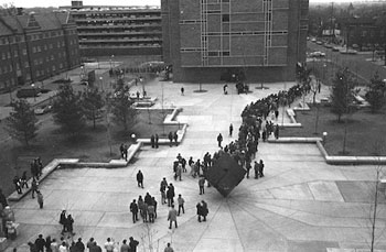 Protesters in 1970 marching across the University of Michigan Regents Plaza. (Photo courtesy of Jay Cassidy.)