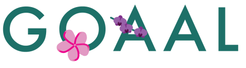 GOAAL logo, GOAAL is spelled out, the O has a pink plumeria flower and the A has three purple orchids